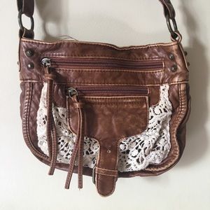 Brown Faux Leather and White Lace Shoulder Purse